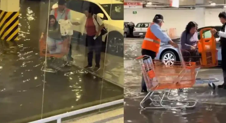 Para que no te mojes te llevan en “carrito de super” hasta tu automóvil